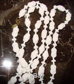 Miriam Haskell 60 Glass Bead Necklace White Milk Glass Long Signed Opera Length