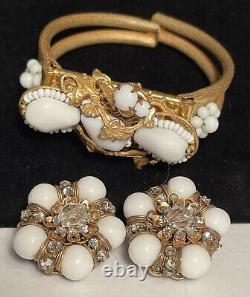 Miriam Haskell Set Vintage Rare Gilt Milk Glass R/S Bracelet Earrings Signed A33