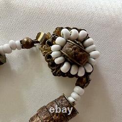 Miriam Haskell Signed White Milk Glass Cork Pendant Vintage Designer Necklace