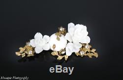 Miriam Haskell White Milk Glass Floral Spray Brooch Signed Vintage