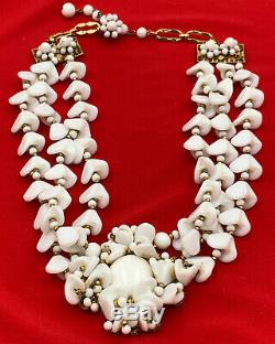 Miriam Haskell White Milk Glass Necklace 3 Strand Vintage Signed Flower 19-2847