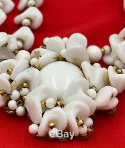 Miriam Haskell White Milk Glass Necklace 3 Strand Vintage Signed Flower 19-2847