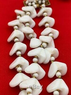 Miriam Haskell White Milk Glass Necklace 3 Strand Vintage Signed Flower 19-2847