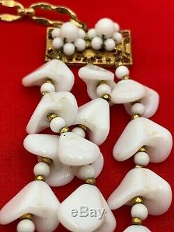 Miriam Haskell White Milk Glass Necklace 3 Strand Vintage Signed Flower 19-2847