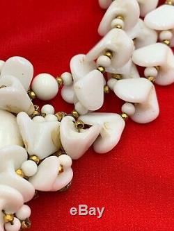 Miriam Haskell White Milk Glass Necklace 3 Strand Vintage Signed Flower 19-2847