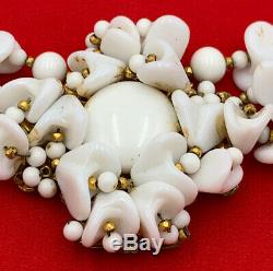 Miriam Haskell White Milk Glass Necklace 3 Strand Vintage Signed Flower 19-2847