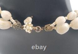 Miriam Haskell White Milk Glass Necklace Double Strand 13 Choker 8 Petal Hook