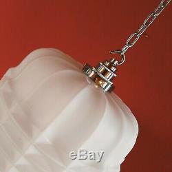 Modernist Bauhaus White Opaline Milk Glass Pendant Ceiling Light Plus Chain