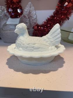 Mosser Glass White Milk Glass Hen on Nest 6 Inch Vintage Candy Dish Mosser Glass White Milk Glass Hen on Nest 6 Inch Vintage Candy Dish