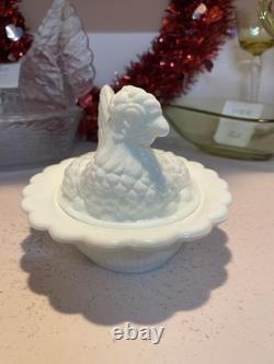 Mosser Glass White Milk Glass Hen on Nest 6 Inch Vintage Candy Dish
