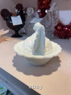 Mosser Glass White Milk Glass Hen on Nest 6 Inch Vintage Candy Dish