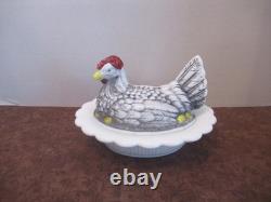Mosser Hand Painted Hen On Nest Milk Glass Covered Dish Excellent