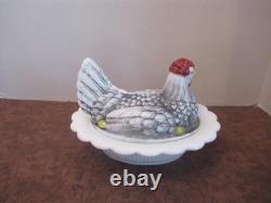 Mosser Hand Painted Hen On Nest Milk Glass Covered Dish Excellent
