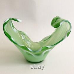 Murano Hand Blown Art Glass Milk Green Vessel Bowl Wave White Ribbon 11x9