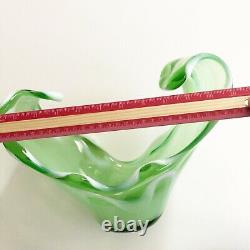 Murano Hand Blown Art Glass Milk Green Vessel Bowl Wave White Ribbon 11x9