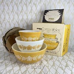 NIB Pyrex Butterfly Gold 300-4 Mixing Bowl Set EXECLENT CONDITION NO SCRATCHES