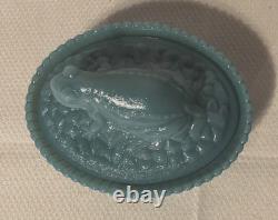 NMGCS National Milk Glass Society Georgia Blue Glass Frog On Nest Candy/Nut Dish