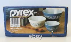 New NOS Pyrex Colonial Mist 3 Piece Mixing Nesting Bowl Set 300-95 401 402 403