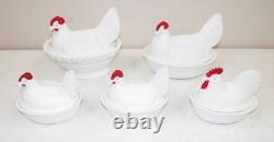 Nice! Vtg 5- WESTMORELAND Hens COVERED Milk Glass DISHES & LIDS LOT Split Tail