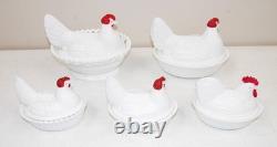 Nice! Vtg 5- WESTMORELAND Hens COVERED Milk Glass DISHES & LIDS LOT Split Tail