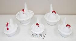 Nice! Vtg 5- WESTMORELAND Hens COVERED Milk Glass DISHES & LIDS LOT Split Tail