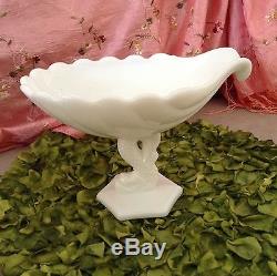 Ntique Westmoreland White Milkglass She'll With Lrge Dolphin Legged Candy Dish