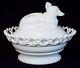 Old Antique Large 1889 Atterbury Milk Glass Fox Figural Covered Dish Lace Edge