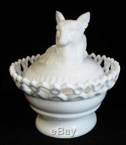 Old Antique Large 1889 ATTERBURY Milk Glass FOX Figural COVERED DISH Lace Edge