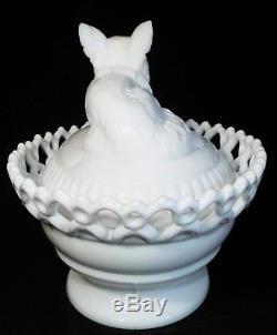 Old Antique Large 1889 ATTERBURY Milk Glass FOX Figural COVERED DISH Lace Edge