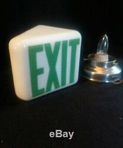 Old Art Deco White Milk Glass EXIT Sign wedge V shade with original holder