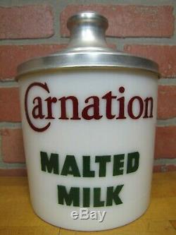 Old CARNATION MALTED MILK Ice Cream Parlor Soda Shoppe Ad Container MilkGlass