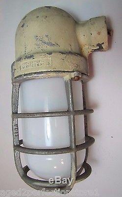 Old Grouse Hinds Explosion Proof Industrial Light Cage White Milk Glass Globe