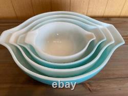 Old Pyrex Amish Butter Print Cinderella Bowl LL L M S Size Turquoise Blue&White