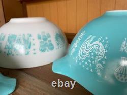 Old Pyrex Amish Butter Print Cinderella Bowl LL L M S Size Turquoise Blue&White