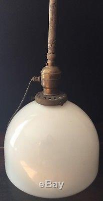 Old Vtg Antique Brass Pendant Ceiling Light Fixture White Milk Glass Globe Shade