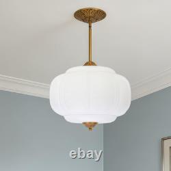 Opal White Milk Glass Pendant Light 14 Inch, Vintage Hanging Light with Brass Fi