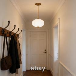 Opal White Milk Glass Pendant Light 14 Inch, Vintage Hanging Light with Brass Fi