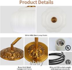 Opal White Milk Glass Pendant Light 14 Inch, Vintage Hanging Light with Brass Fi