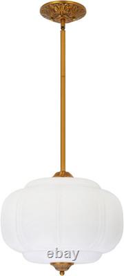 Opal White Milk Glass Pendant Light 14 Inch, Vintage Hanging Light with Brass Fi
