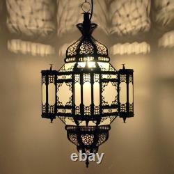 Oriental Hanging Lamp White Milk Glass Antique Copper Moroccan Lantern 23 in