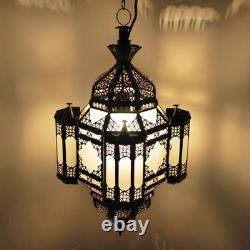 Oriental Hanging Lamp White Milk Glass Antique Copper Moroccan Lantern 23 in