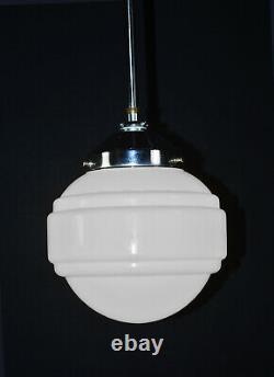 Original 1940s art deco Opaline moulded cased milk glass & chrome pendant light