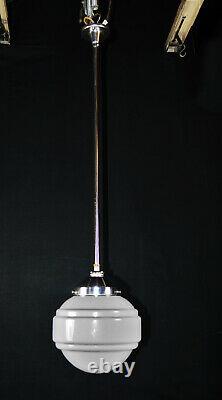Original 1940s art deco Opaline moulded cased milk glass & chrome pendant light