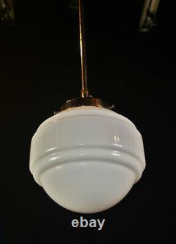 Original 1940s art deco Opaline moulded cased milk glass & chrome pendant light