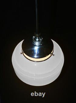 Original 1940s art deco Opaline moulded cased milk glass & chrome pendant light