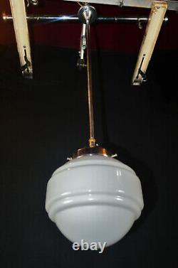 Original 1940s art deco Opaline moulded cased milk glass & chrome pendant light