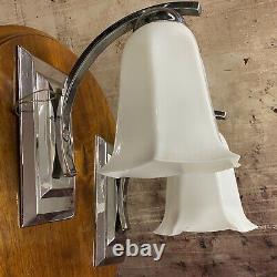 PAIR ART DECO WALL LIGHTS CHROME WITH FRENCH MILK GLASS SHADES CIRCA 1930s