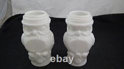 PAIR OF 2 WHITE MILK GLASS OWL PINT JARS SCREW TOPS EAGLE GLASS WORKS 1890's