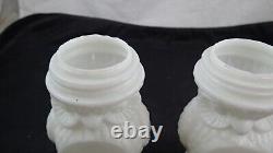 PAIR OF 2 WHITE MILK GLASS OWL PINT JARS SCREW TOPS EAGLE GLASS WORKS 1890's