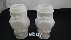 PAIR OF 2 WHITE MILK GLASS OWL PINT JARS SCREW TOPS EAGLE GLASS WORKS 1890's